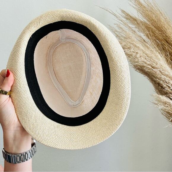VINTAGE NORDSTROM Cream Tan Straw Wide Visor Brim Black Ribbon Fedora Sun Hat - Picture 4 of 8